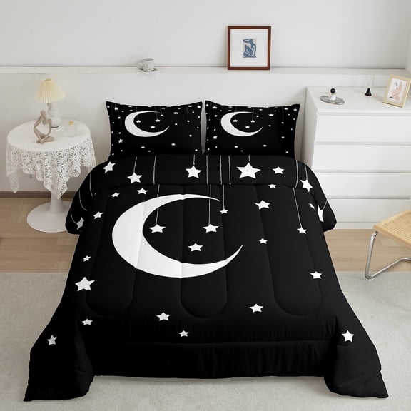 Erosebridal Cartoon Moon Bedding Twin Comforter Set, Stars Print Down Comforter, Black White, Breathable 2-Piece