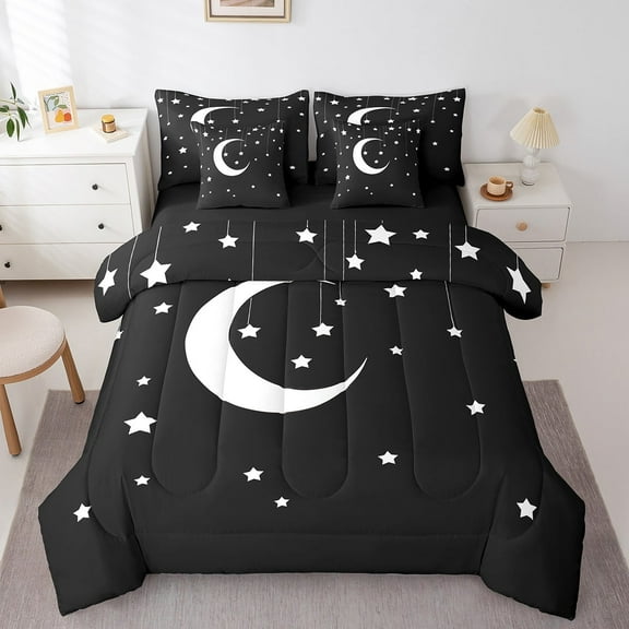 Erosebridal Cartoon Moon Bedding Twin Size, Stars Print Bed in a Bag Twin size, Black White, Reversible 7-Piece