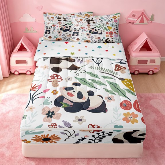 Erosebridal Cartoon Panda Bloom Zipper Twin Comforter Sets with Fitted Sheet and 2 Pillowcases,Herb Toadstool Zipper Bedding Set For Girls,Polkadot Reversible,4-Piece