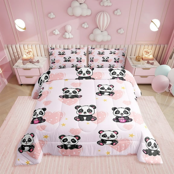 Erosebridal Cartoon Panda Comforter Set,Twin Cute Zoo Animal Bedding Set,Pink Live Heart Reversible Duvet Insert,Lovely Panda Quilt with 1 Pillowcase for Bedroom