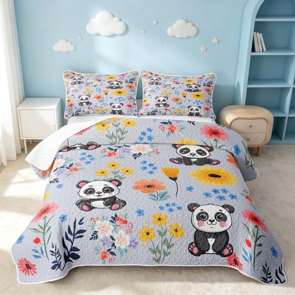 Erosebridal Cartoon Panda Twin Quilt Set, Kawaii Flower Twin Coverlet Set, Xmas Reversible, Soft Lilac, 2pcs (1 Bedspread and 1 Pillowcase)