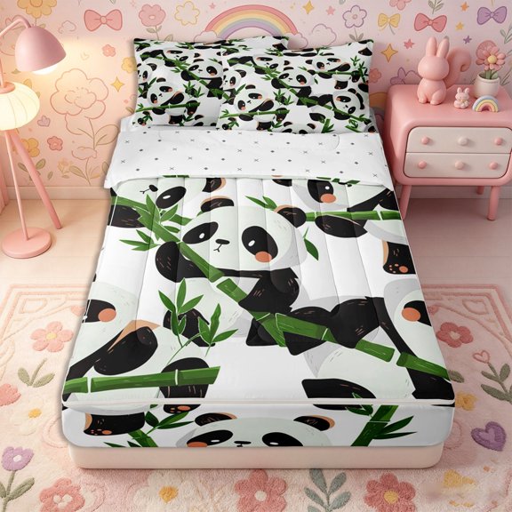 Erosebridal Cartoon Panda Zipper Twin Comforter Sets with Fitted Sheet and 2 Pillowcases,Kawaii Animal Zipper Bedding Set,Black White Green,Reversible