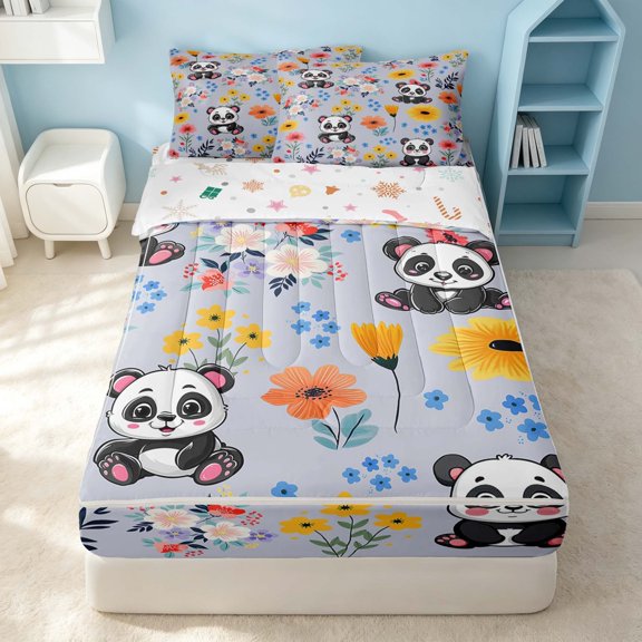 Erosebridal Cartoon Panda Zipper Twin Comforter Sets with Fitted Sheet and 2 Pillowcases, Kawaii Flower Zipper Bedding Set, Xmas Reversible, Soft Lilac, Xmas Reversible