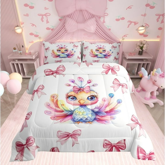Erosebridal Cartoon Peacock Bedding Sets Twinwith Comforter, Pink Bow-tie Duvet Insert, Cute Animal Decor, Reversible 2 Pieces