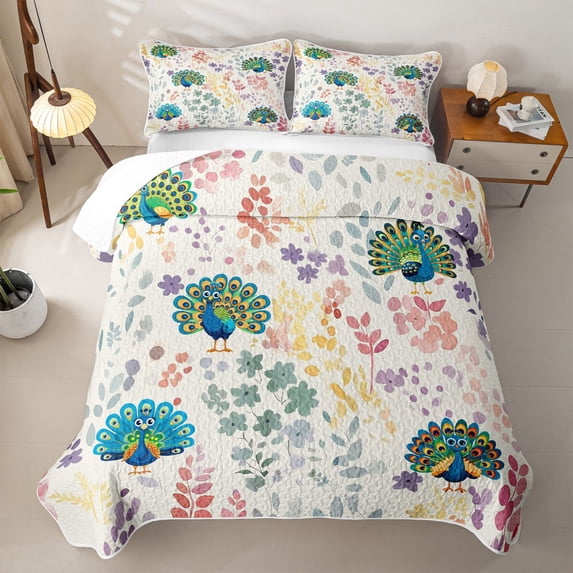 Erosebridal Cartoon Peacock Twin Quilt Set for Girls, Vibrant Flower Leaf Twin Coverlet Set, 2-Piece