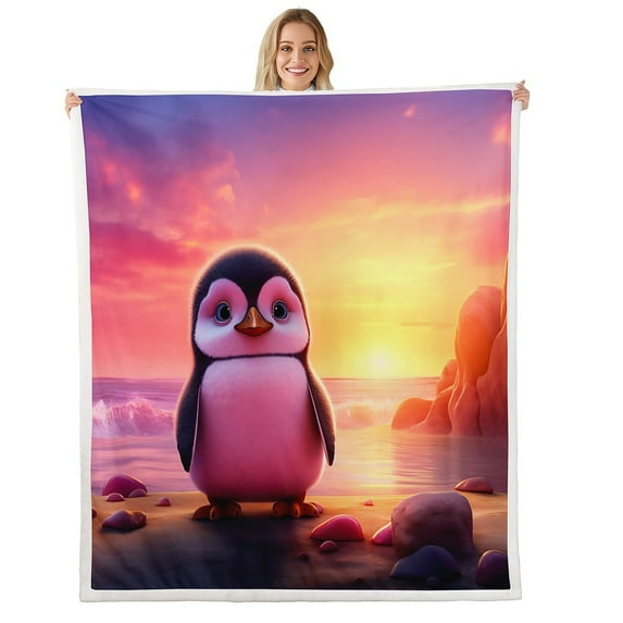 Erosebridal Cartoon Penguin Sherpa Blanket Beach Themed Blanket,Antarctic Animal Throw Blanket for Chair Cute Wildlife Fleece Blanket,Coastal Sea Ocean Marine Plush Blanket