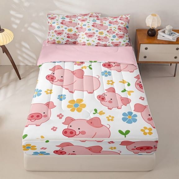 Erosebridal Cartoon Pig Zipper Twin Comforter Sets with Fitted Sheet and 2 Pillowcases for Girls, Colorful Flower Zipper Bedding Set, Pink Reversible