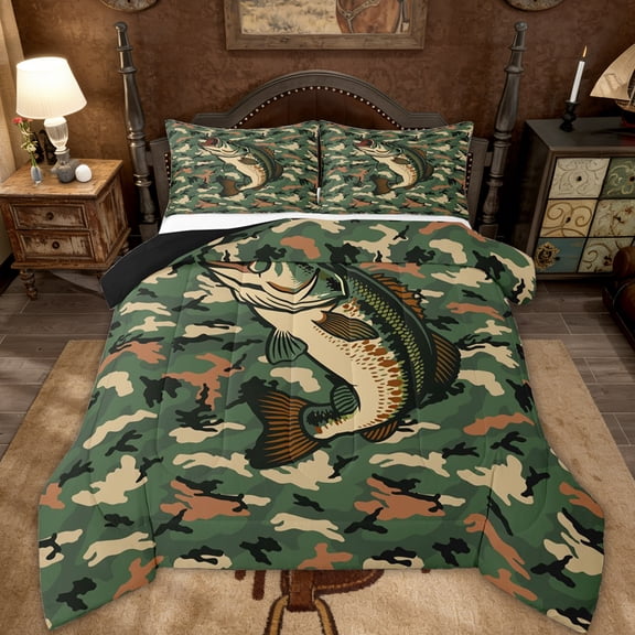 Erosebridal Cartoon Pike Fish Kid Queen Comforter Set, Green Camouflage Bedding Comforter Set, Black Reversible, 3pcs