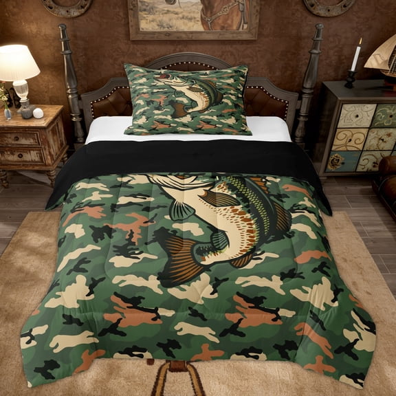 Erosebridal Cartoon Pike Fish Kid Twin Comforter Sets, Green Camouflage Bedding Set, Black Reversible, 2pcs