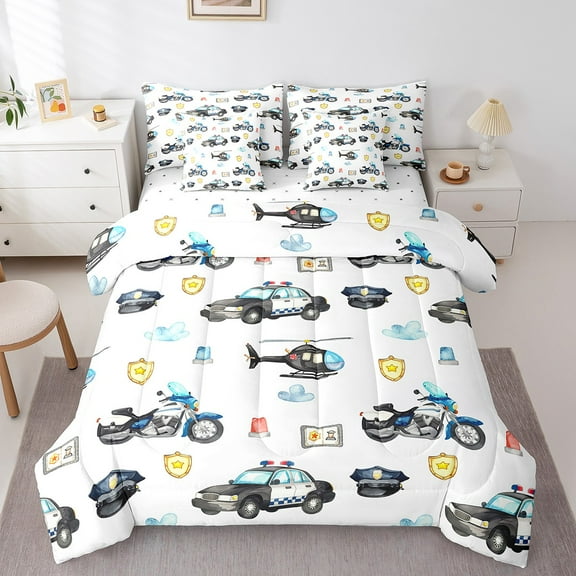 Erosebridal Cartoon Police Car Bedding Full Size, Helicopter Mitorcycle Comforter Sets with Sheets, Police Officer Cap Duvet Set, Microfiber Bedroom Decor, Reversible 7-Piece