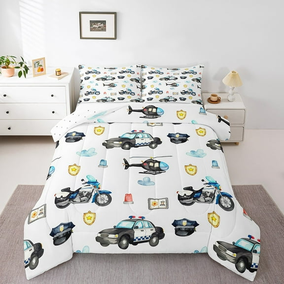 Erosebridal Cartoon Police Car Comforter Sets Full Size, Helicopter Mitorcycle Comforters & Duvets, Police Officer Cap Bedding Full Comforter Set, Microfiber Bedroom Decor, 3-Piece