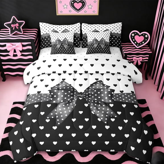 Erosebridal Cartoon Polka Dot Bow 7-Piece Twin Bedding Sets,Girls Bowknot Loves Bedding Comforter Set For Kids,Reversible