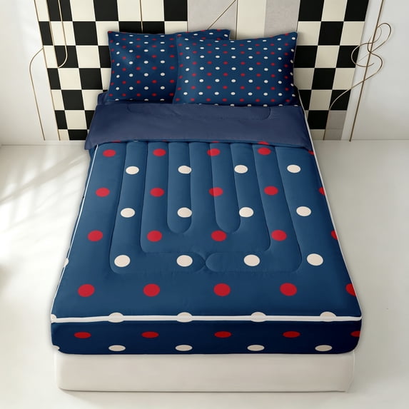 Erosebridal Cartoon Polka Dot Zipper Twin Comforter Sets with Fitted Sheet and 2 Pillowcases for Girls, Navy Retro Circle Zipper Bedding Set, Navy Reversible, 4pcs