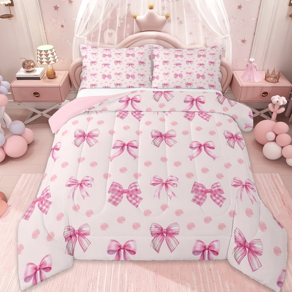 Erosebridal Cartoon Polka Dots Queen Comforter Set,Pink Coquette Bowknot Bedding Comforter Set For Kids,Pink Reversible,3 Pieces