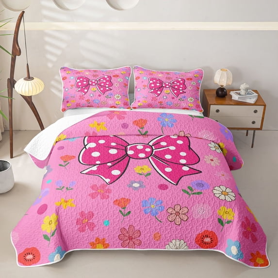 Erosebridal Cartoon Polkadot Bow Bed Spread Queen for Girls, Flower Floral Queen Coverlet Set, 3pcs