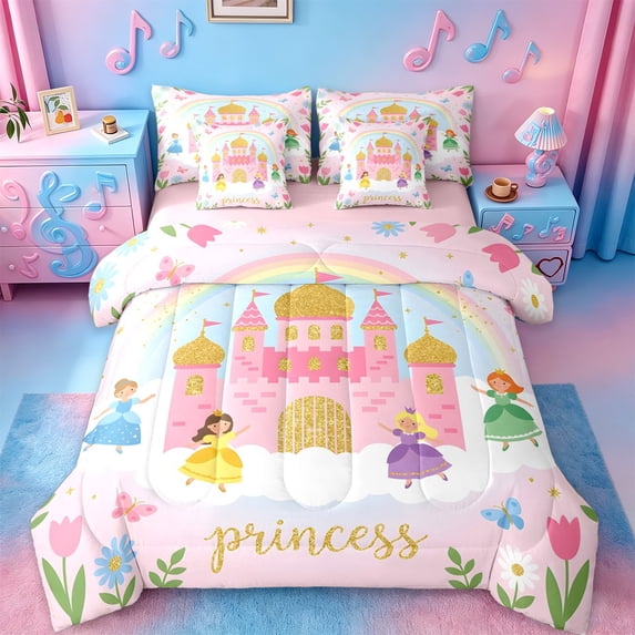 Erosebridal Cartoon Princess Castle 7-Piece Bedding Comforter Set,Colorful Cute Girls Kawaii Flowers Blossom King Bedding Sets For Kids,Reversible Pink