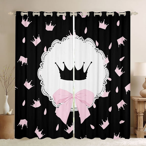 Erosebridal Cartoon Princess Crown Kids Black Out Curtains,Pink Cute Coquette Bowknot Curtains Pack of 2 (42x63 Each) For Girls