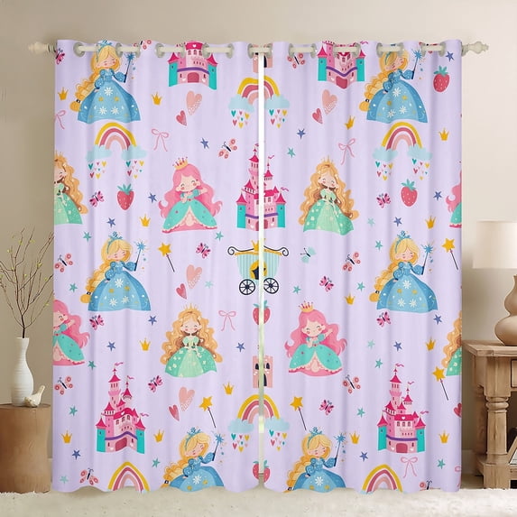 Erosebridal Cartoon Princess Curtains and Drapes(38x45),Purple Cartoon Girl Blackout Curtains for Bedroom,Castle Rainbow Print Curtains Pack of 2(38x45) For Girls,Microfiber Bedroom Decoration