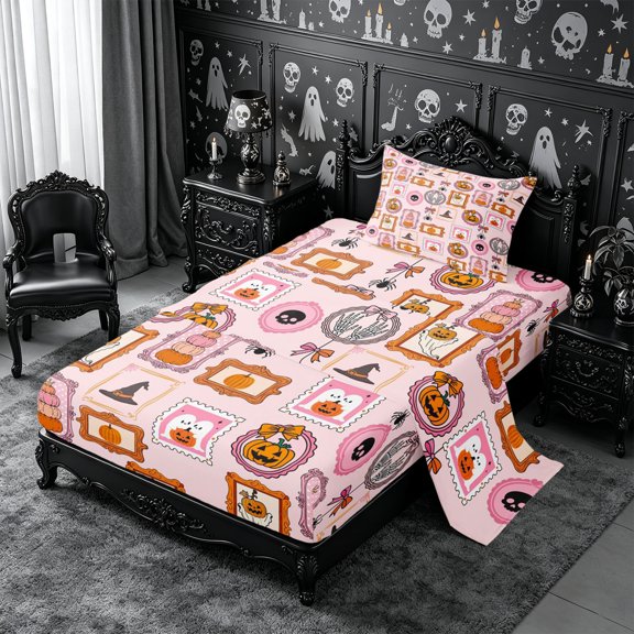 Erosebridal Cartoon Pumpkin Bow Twin Sheets 3pcs,Halloween Ghost Bedding,Rose Pink,1 Flat Sheet, 1 Fitted Sheet and 1 Pillowcase