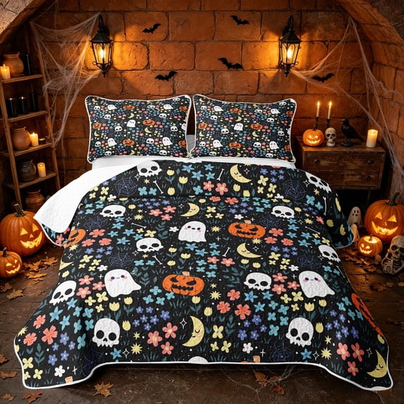 Erosebridal Cartoon Pumpkin Ghost Quilt King, Hippie Floral Moon King Coverlet Set for Boys Girls, Black Multicolor, 3-Piece 1 Bedspread and 2 Pillowcases