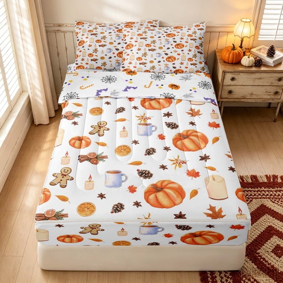 Erosebridal Cartoon Pumpkin Zipper Twin Comforter Sets with Fitted Sheet and 2 Pillowcases, Thanksgiving Gingerbread Candle Zipper Bedding Set for Boys Girls, Orange Cream Brown, Halloween Reversible