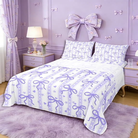 Erosebridal Cartoon Purple Bowtie Bed Sheets 4pcs for Kids Teens,Girls Kawaii Bling Glitter Print King Sheets,Lightweight Room Decor