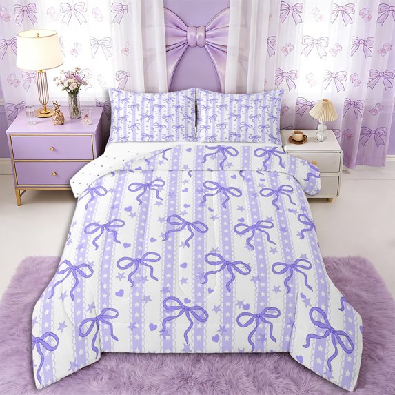 Erosebridal Cartoon Purple Bowtie Full Size Comforter Sets 3 Pieces for Kids Teens,Girls Kawaii Bling Glitter Print Bedding Sets,Lightweight Room Decor