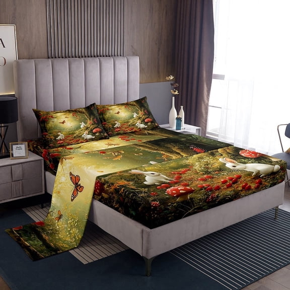 Erosebridal Cartoon Rabbit Bed Sheets Set Twin Size, Jungle Bunnies Bed Sheets Twin, Kawaii Mushroom Decor, 3pcs