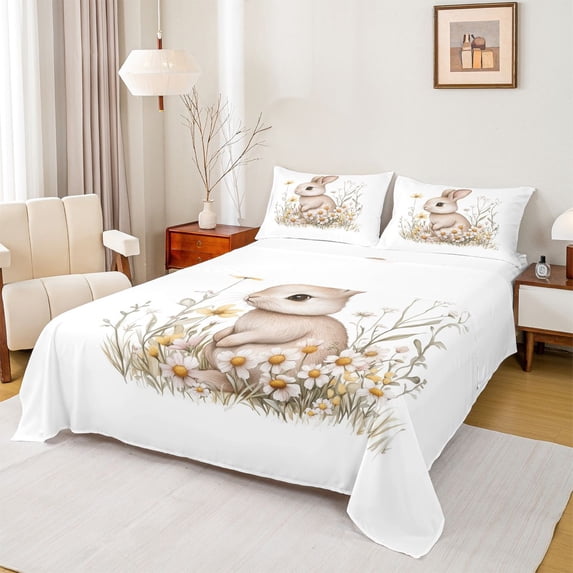 Erosebridal Cartoon Rabbit Bed Sheets for Kid, Groovy Flower King Sheets, 4 Pieces