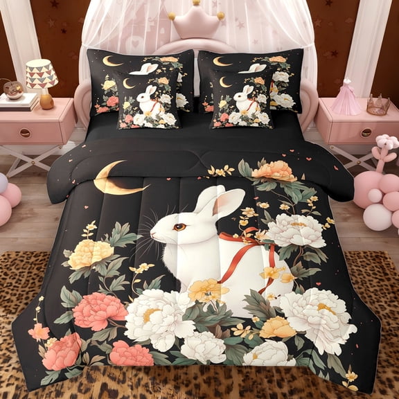 Erosebridal Cartoon Rabbit Bedding Comforter Set, Tropical Flower King Bedding Sets, Black Reversible, 7 Pieces