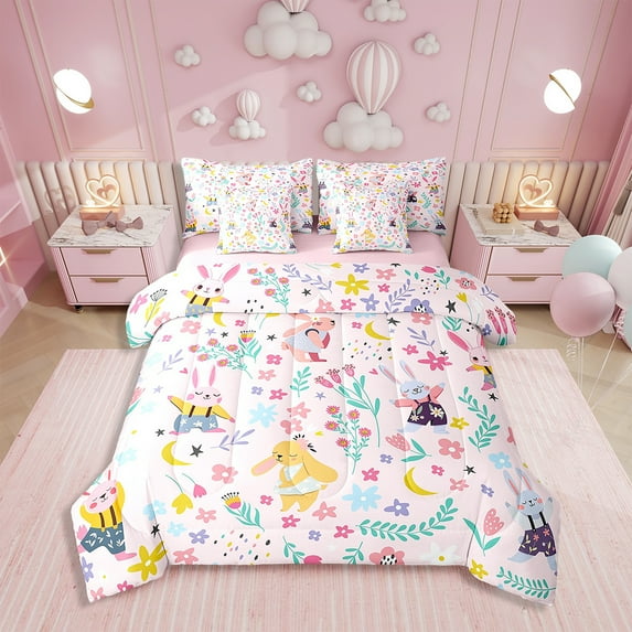 Erosebridal Cartoon Rabbit Bedding Sets Full Size 7 Pieces, Animal Bunnies Bed in a Bag, Reversible