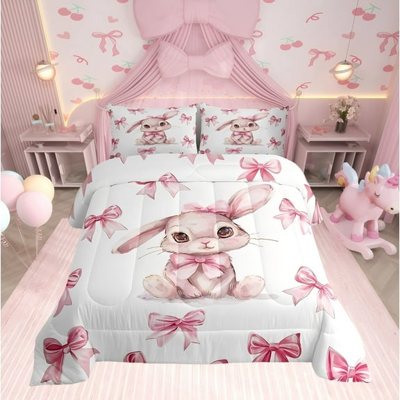 Erosebridal Cartoon Rabbit Bedding Sets Twinwith Comforter, Pink Bow-tie Duvet Insert, Cute Animal Decor, Reversible 2pcs