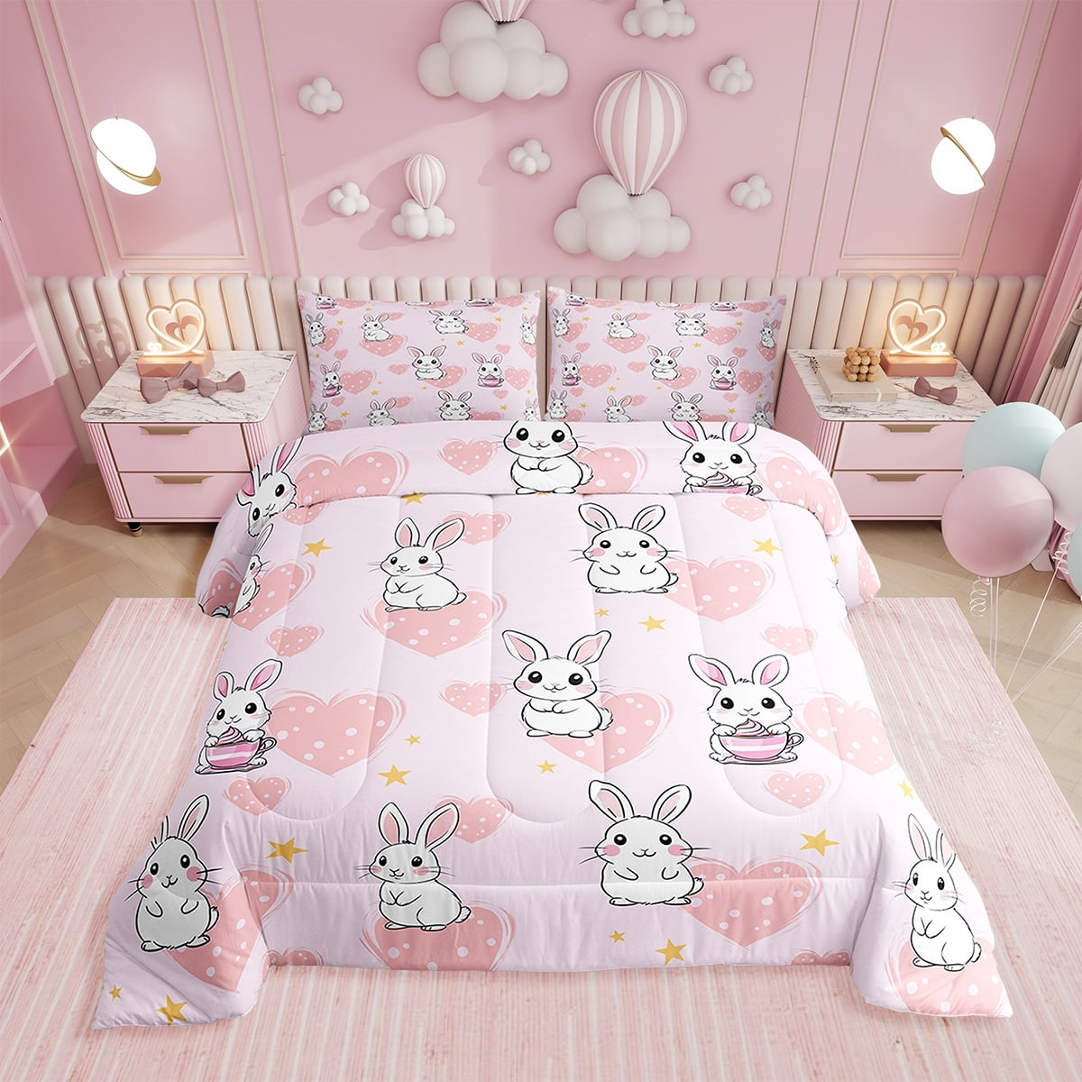 Erosebridal Cartoon Rabbit Comforter Set,Twin Pink Love Heart Bedding ...