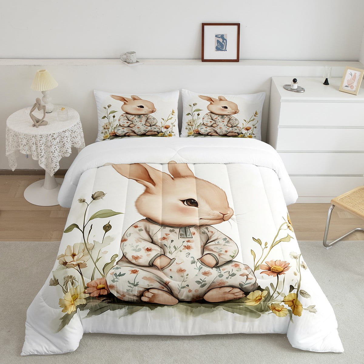 Erosebridal Cartoon Rabbit Comforter Sets Twin Size, Flower Comforters ...