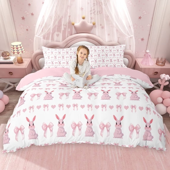 Erosebridal Cartoon Rabbit Duvet Cover Set for Kids Girls, Pink Princess Bow Bedding Full, Pink Reversible 3-Piece, 1 Duvet Cover and 2 Pillowcases, No Comforter