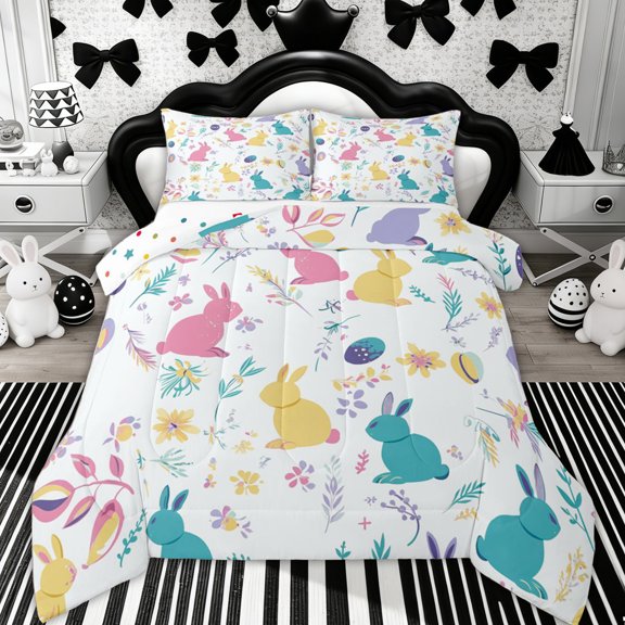 Erosebridal Cartoon Rabbit Kids Queen Comforter Set, Cute Easter Eggs Bedding Comforter Set, 3pcs