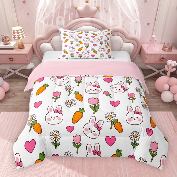 Erosebridal Cartoon Rabbit Twin Comforter Sets for Girls, Daisy Heart Carrot Bedding Set, White, Pink Reversible 2 Pieces, 1 Comforter and 1 Pillowcase