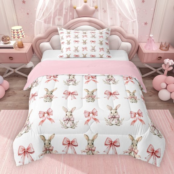Erosebridal Cartoon Rabbit Twin Comforter Sets for Girls, Dreamy Bow Knot Bedding Set, Pink Reversible 2-Piece, 1 Comforter and 1 Pillowcase