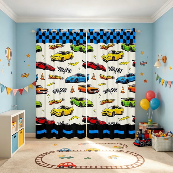 Erosebridal Cartoon Race Car Blackout Curtains, Colorful Window Curtains Pack of 2 (38x45 Each), Cream White