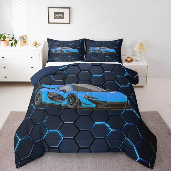 Erosebridal Cartoon Race Car Comforter Sets Full Size, Racing Sport Comforters & Duvets, Honeycomb Decor, Reversible 3pcs