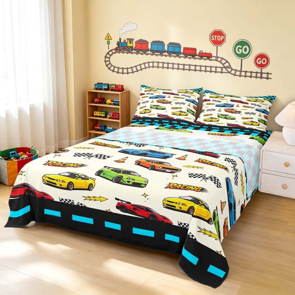 Erosebridal Cartoon Race Car King Sheets, Colorful Bedding, Blue Border 4pcs (1 Flat Sheet, 1 Fitted Sheet and 2 Pillowcases)