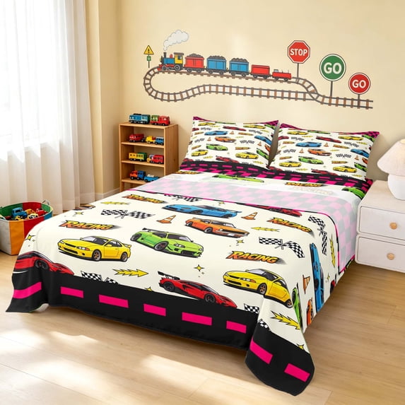 Erosebridal Cartoon Race Car Queen Sheets, Colorful Queen Sheet Sets, Pink Border 4pcs (1 Flat Sheet, 1 Fitted Sheet and 2 Pillowcases)