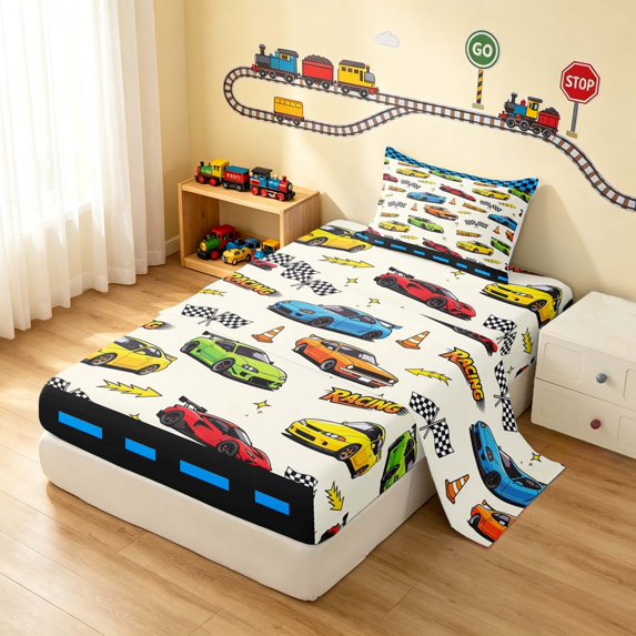 Erosebridal Cartoon Race Car Twin Sheets, Colorful Bedding, Cream White 3pcs (1 Flat Sheet, 1 Fitted Sheet and 1 Pillowcase)
