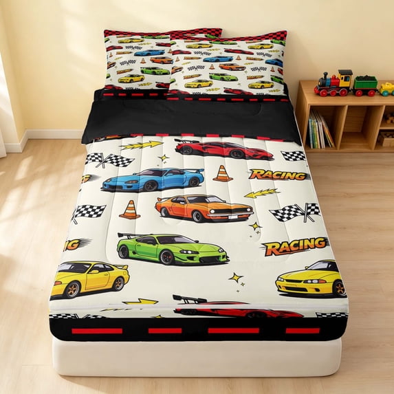 Erosebridal Cartoon Race Car Zipper Full Size Comforter Sets with Fitted Sheet and 2 Pillowcases, Colorful Zipper Bedding Set, Yellow Border, Black Reversible