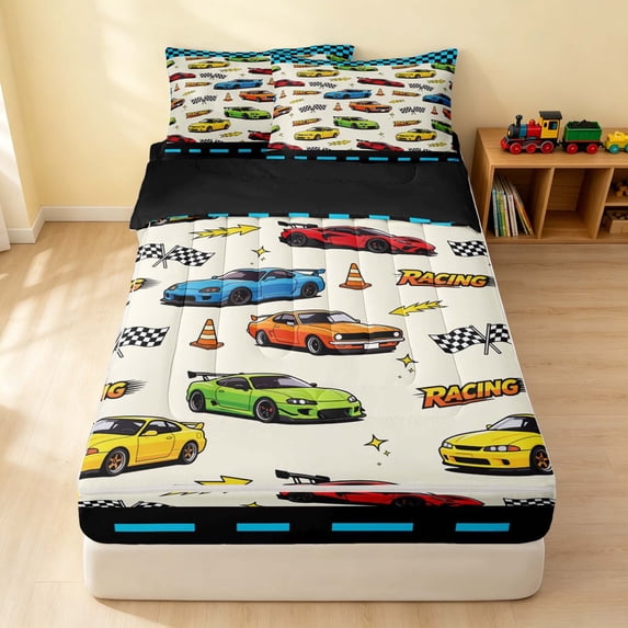 Erosebridal Cartoon Race Car Zipper Queen Comforter Set with Fitted Sheet and 2 Pillowcases, Colorful Zipper Bedding Set, Blue Border, Black Reversible