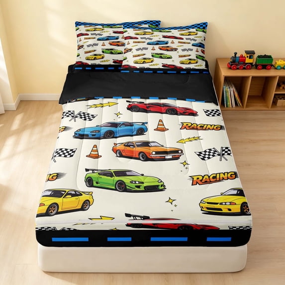 Erosebridal Cartoon Race Car Zipper Twin Comforter Sets with Fitted Sheet and 2 Pillowcases, Colorful Zipper Bedding Set, Cream White, Black Reversible