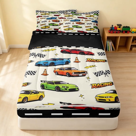 Erosebridal Cartoon Race Car Zipper Twin Comforter Sets with Fitted Sheet and 2 Pillowcases, Colorful Zipper Bedding Set, Red Border, Black Reversible