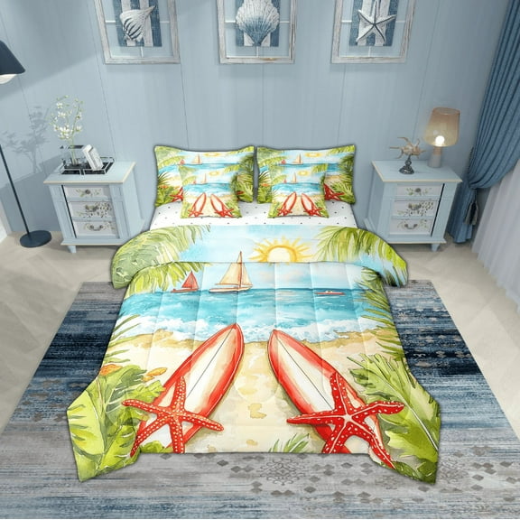 Erosebridal Sea Surfing Starfish Bedding Queen Size,Ocean Beach Comforter Sets with Sheets,Teenager Bedroom Decor,Ultra Soft,7 Pieces