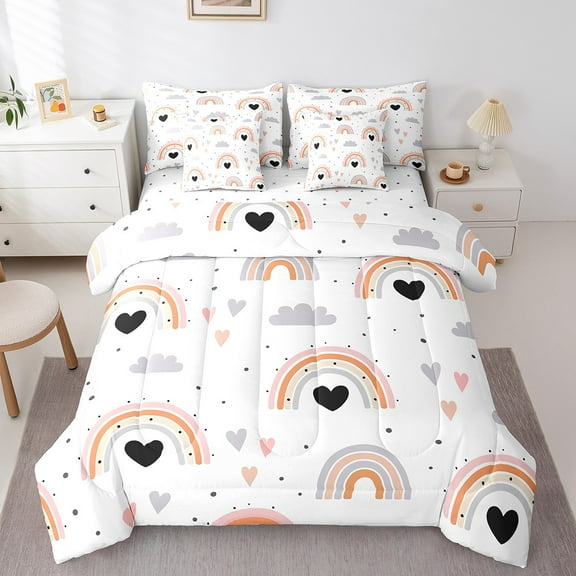 Erosebridal Cartoon Rainbow Bed in a Bag Twin Size,Black Heart Print Bed Set,Love Dot Pattern Bedding Twin Size,For Girls,Super Cozy Room Decor Reversible,7 Pieces