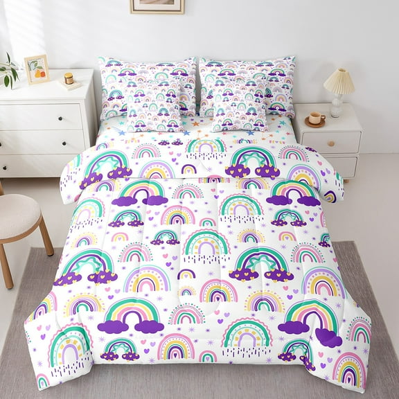 Erosebridal Cartoon Rainbow Bedding Sets Twin Size, Purple Comforter Sets with Sheets, Dreamy Princess Decor, Reversible 7pcs